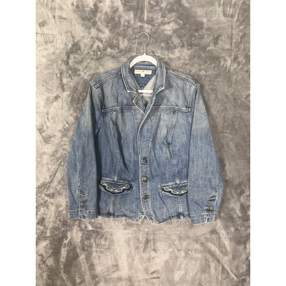 Tommy Hilfiger Womens Denim Blazer Jacket Embroidered Pockets Blue Size 14